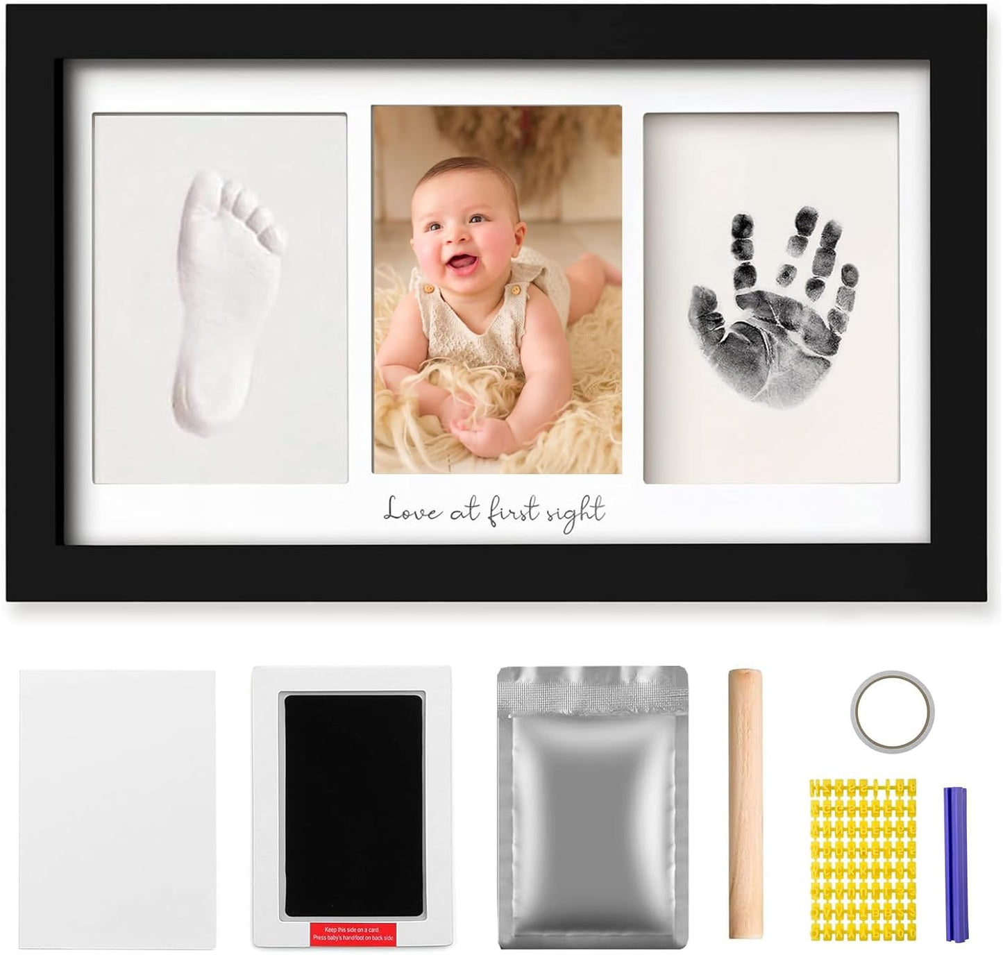 Baby Hand and Footprint Kit Keepsake Nursery Decor Picture Frame for New Mom Baby Boys Girls Shower Gifts Personalized Inkless & Clay Handprint Newborn Essentials Must Haves (Black)