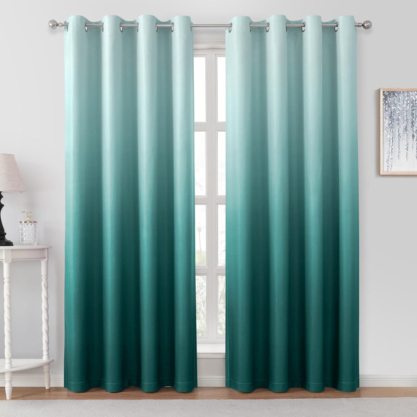HOMEIDEAS Teal Ombre Blackout Curtains 52 X 96 Inch Length Gradient Room Darkening Thermal Insulated Energy Saving Grommet 2 Panels Window Drapes for Living Room, Bedroom