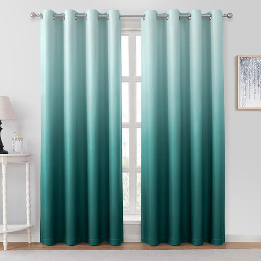 HOMEIDEAS Teal Ombre Blackout Curtains 52 X 96 Inch Length Gradient Room Darkening Thermal Insulated Energy Saving Grommet 2 Panels Window Drapes for Living Room, Bedroom