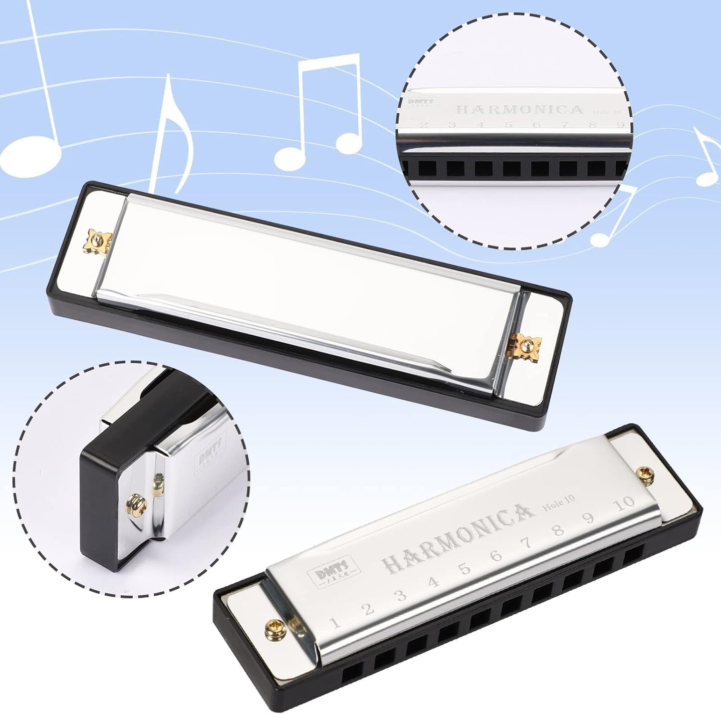 UPINS Harmonica, 4PCS Key of C 10 Hole 10 Tones Titanium Color Harmonica with Case for Beginner (Silvery)