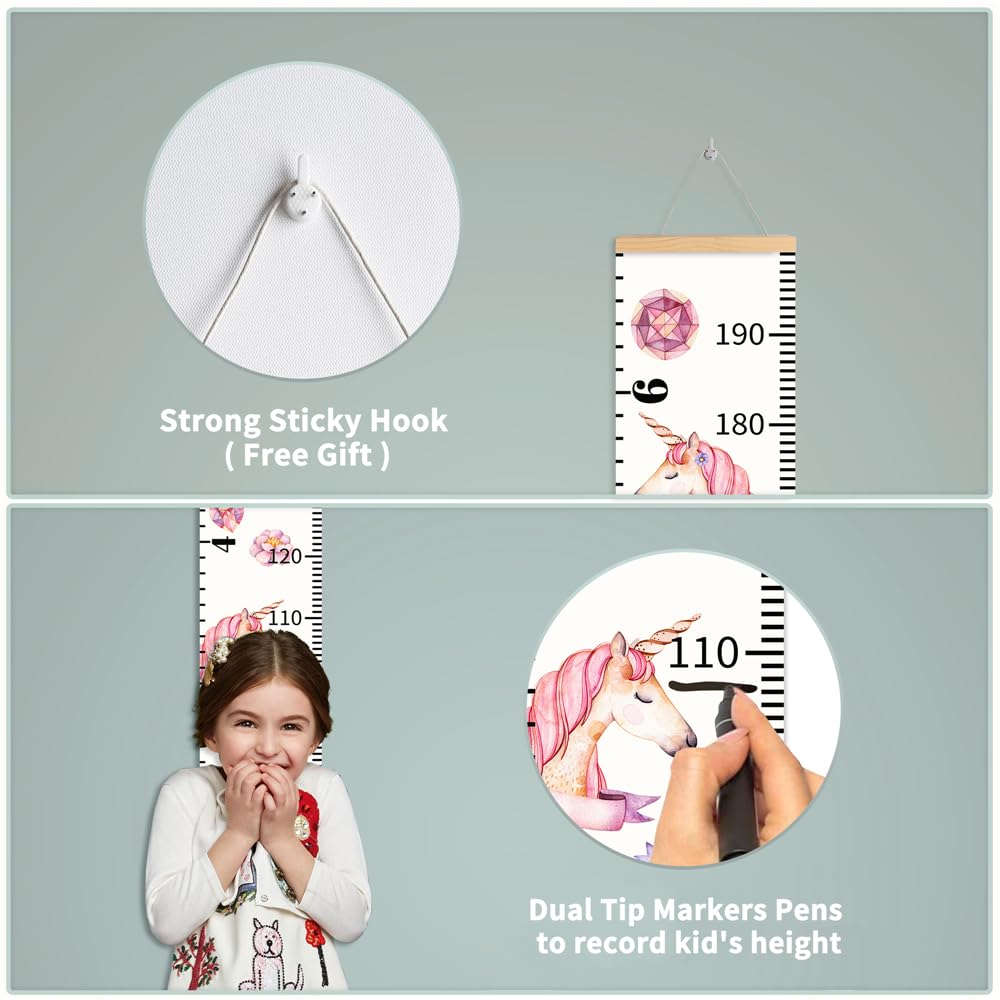 Personalized Growth Chart for Kids, Baby Height Chart with Custom Name, 77"x7.9" Canvas and Black Wood Height Measuring Rulers for Boys Girls Removable Wall Ruler Hanging for Nursery Decor - Unicorn