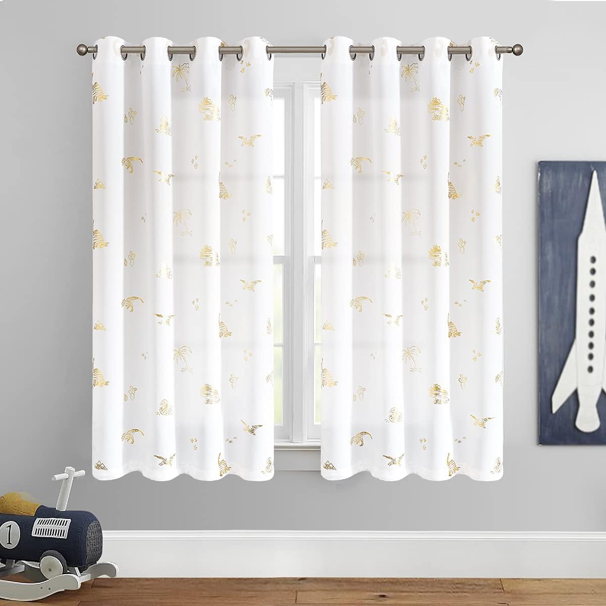 Vangao Kids Curtains White Drapes Dinosaur Curtains for Boys Kids Nursery Girls Room Golden Dino Foil Print Light Filtering Grommet Top Window Drapes 63 Inches Length 2 Panels