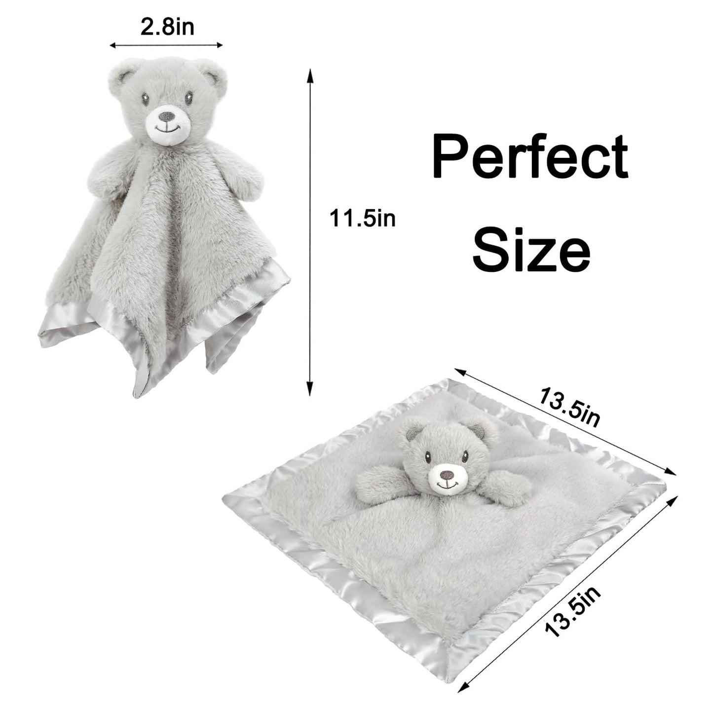 Bear Security Blanket Soft Minky Baby Lovey Animal Plush Blanket Unisex Lovie Gift for Toddler, Boys and Girls, 13.5 Inch (Grey)