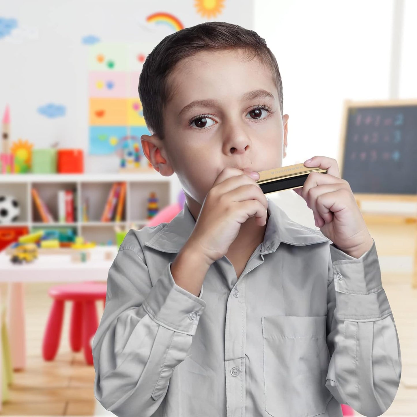 UPINS Harmonica, 4PCS Key of C 10 Hole 10 Tones Titanium Color Harmonica with Case for Beginner Students(Gold, Silver, Pink, Blue)