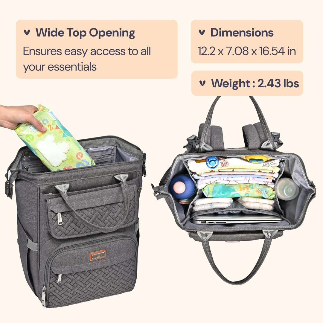 BabbleRoo Diaper Bag Backpack, Multifunction Large Bags with Changing Pad & Stroller Straps & Pacifier Case, Unisex Stylish Travel Back Pack Nappy Changing Bag for Moms Dads (Dark Gray)