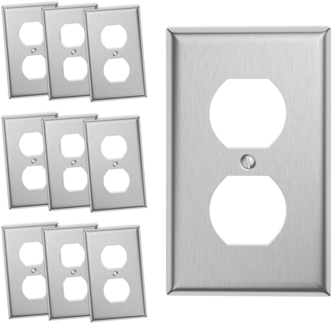 10-Pack Single Duplex Wall Switch Plate Outlet Cover - Stainless Steel Decorator Receptacle Outlet Plate Covers - Brushed Finish - Silver