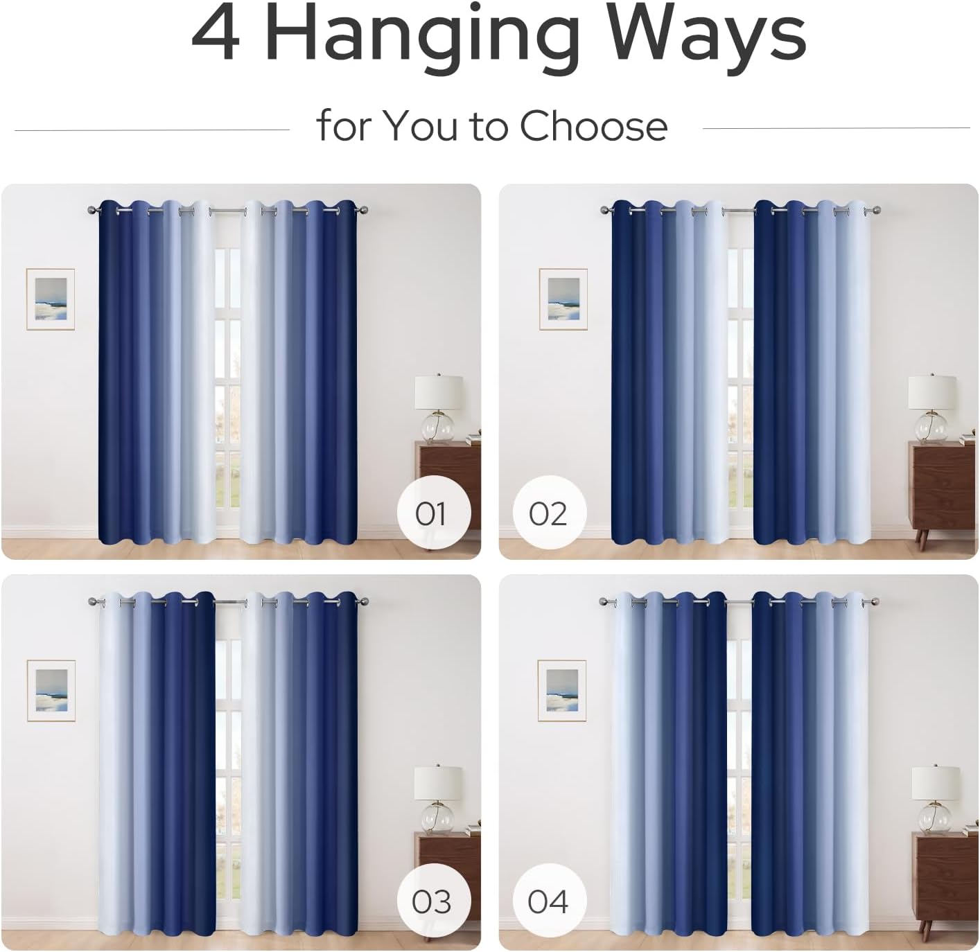 HOMEIDEAS Navy Blue Ombre Blackout Curtains, 52 X 96 Inch Length Gradient Color Room Darkening Curtains with Grommet Thermal Insulated Window Drapes for Living Room, Bedroom, 2 Panels