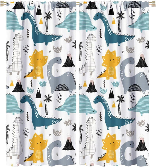 Kids Dinosaur Curtains for Boy Girl Bedroom Decor Cartoon Dino Colorful Cute Funny Wildlife Animal Printed Blackout Rod Pocket Window Drapes for Baby Nursery Playroom Living Room W27.5xL63in 2 Panels