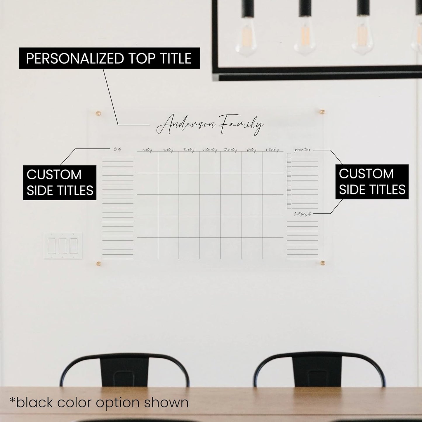 Personalized Clear Acrylic Calendar for Wall, Calendar Whiteboard for Wall, Dry Erase Wall Calendar, Wall Calendar Organizer System for Home (Cursive, Black, 38"W x 26"H)