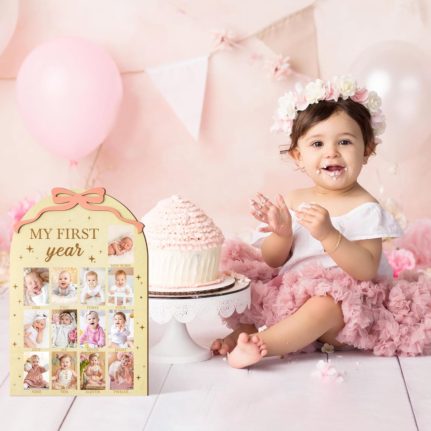 R HORSE My First Year Photo Frame Board, 3D Coquette Pink Bow Display Wood Board, Baby’s First Year 12 Months Milestone Sign 1st Birthday Frame Nursery Decor Keepsake Gift for Boy Girl