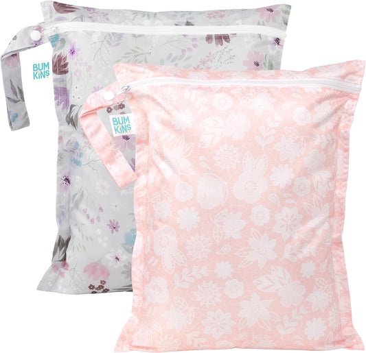 Bumkins - Waterproof Wet Bag - For Baby, Travel, Swim Suit, Cloth Diapers, Pump Parts, Pool, Gym, Toiletry, Strap to Stroller - Reusable & Easy to Clean - 2pk - Floral & Lace