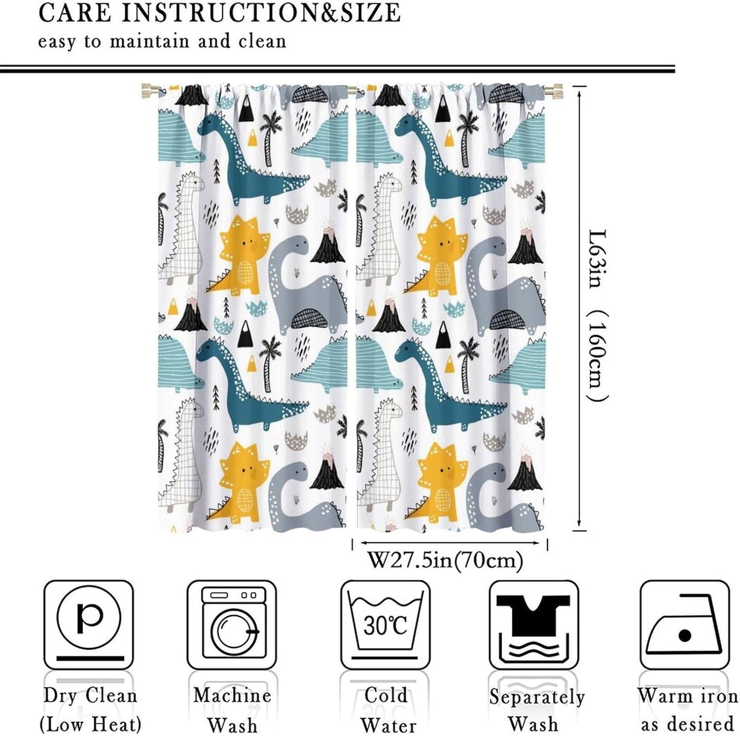 Kids Dinosaur Curtains for Boy Girl Bedroom Decor Cartoon Dino Colorful Cute Funny Wildlife Animal Printed Blackout Rod Pocket Window Drapes for Baby Nursery Playroom Living Room W27.5xL63in 2 Panels