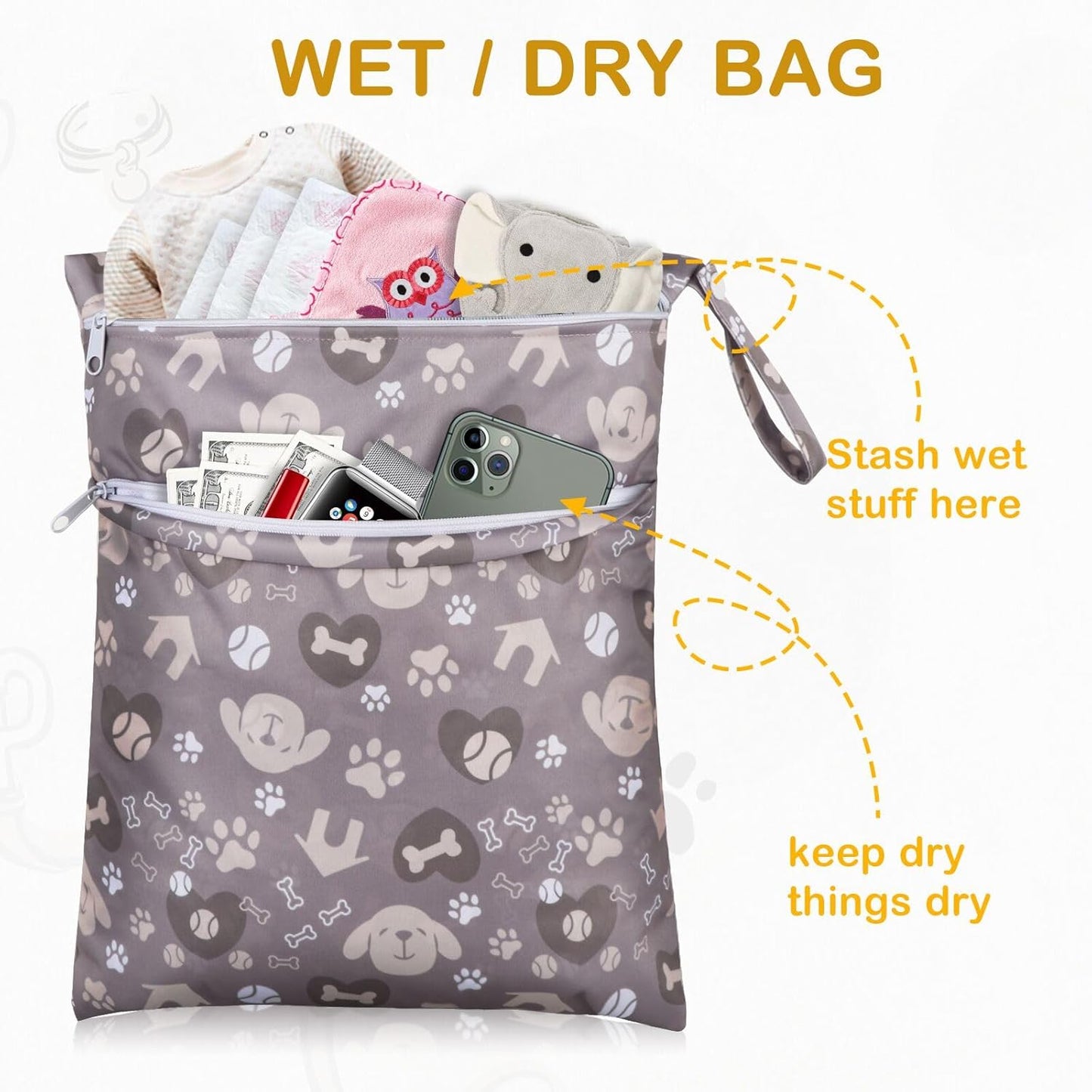 Angel Love Wet Bags for Baby, Pack of 3 Waterproof Wet Dry Bags for Baby, Travel, Swimsuit, Cloth Diapers, Pump Parts, Gym Clothes, Toiletries, Strap to Stroller, Zipper Reusable Bag, Packing Pouch