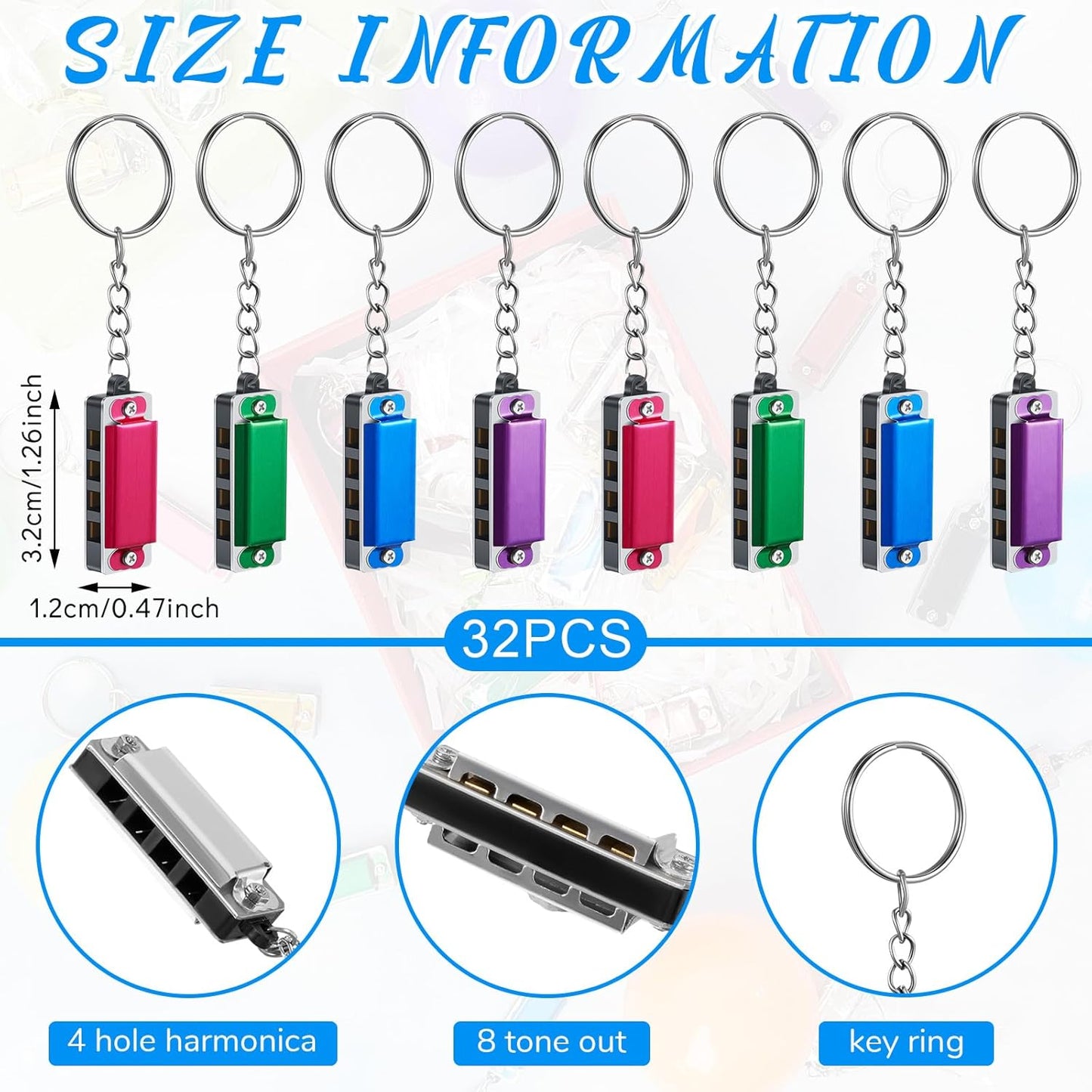 Ecally 32 Pcs Mini Harmonica Keychain for Kids Operation Christmas Favors Portable Wind Instruments 4 Holes 8 Tunes Harmonica Music Party Favors Cute Music Keychain Accessory (Fashion Color)