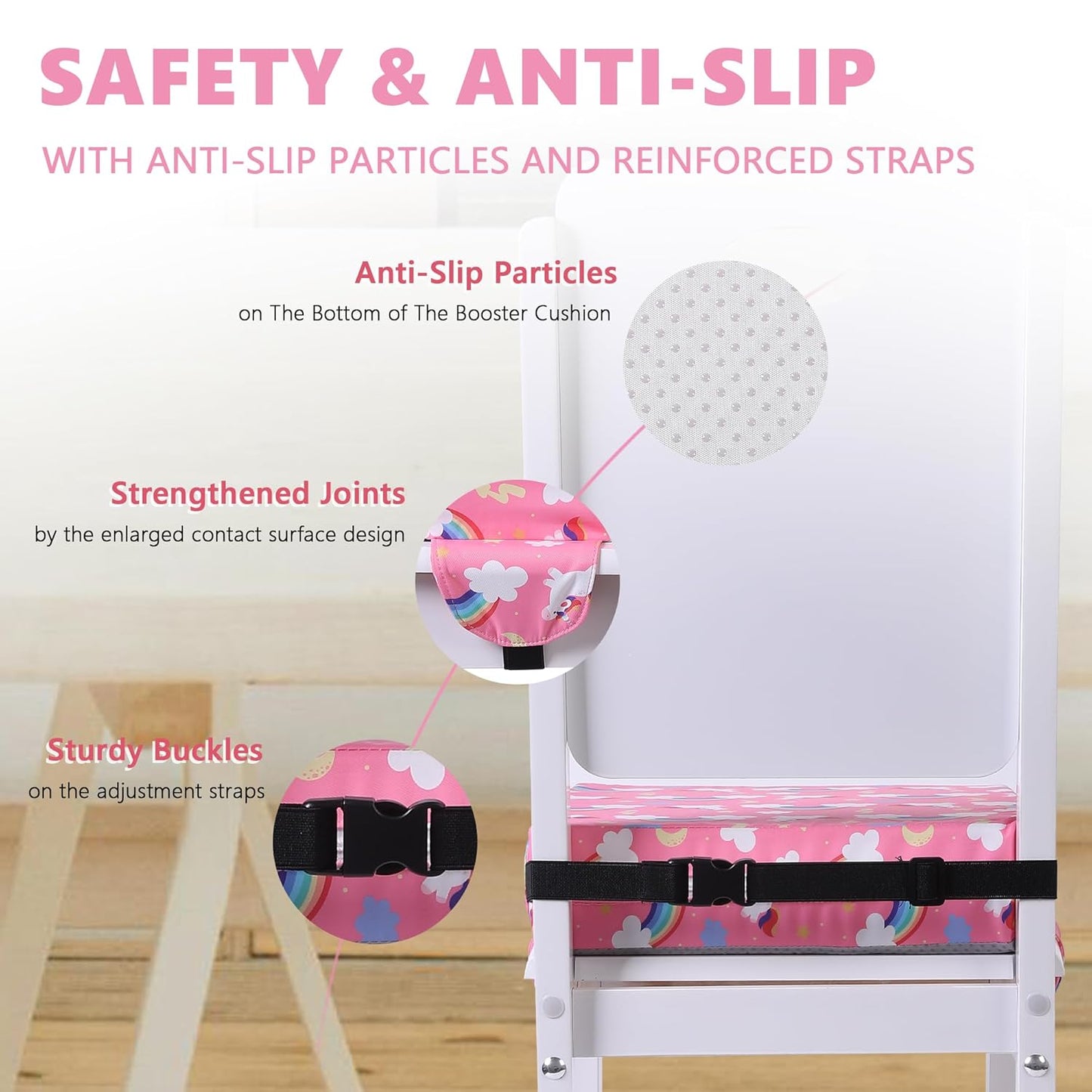 Booster Seat for Kitchen Chair with Adjustable Straps, Toddler Booster Seats for Dining Table Portable for Travel Camping Eating, Booster Cushion for Table for Baby Child Infant Kid Boy Girl