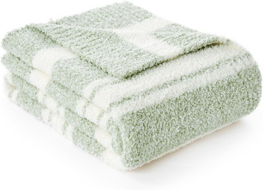 Snuggle Sac Stripe Sage Green Blanket Twin Size, Reversible Super Soft Warm Bed Blankets, Cozy Knit Fuzzy Blanket for Bed,Sofa, Living Room, Stripe Green, 60"x80"