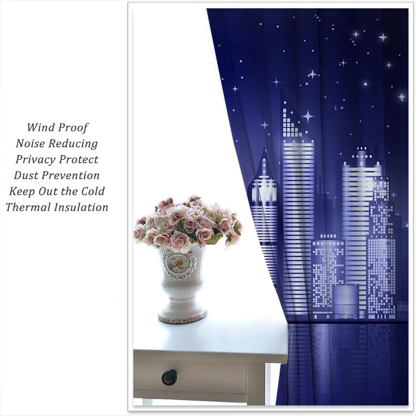 City Rod Pocket Blackout Curtains for Boy Girl Bedroom, New York Skyline Modern City Starry Sky Night View Thermal Insulated Home Window Drapes for Living Room Darkening, 72x63 inch