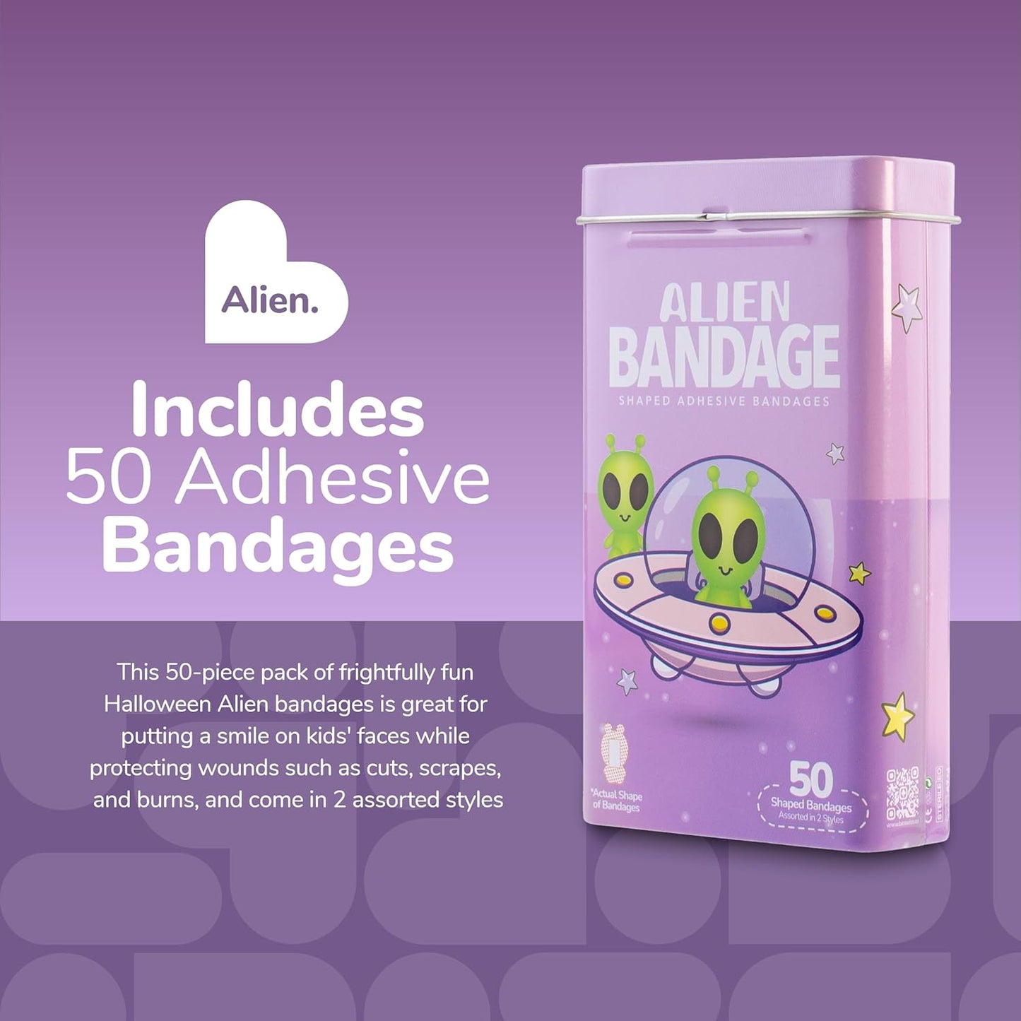 BioSwiss Bandages, Halloween Alien Shaped Self Adhesive Bandage, Latex Free Sterile Wound Care, Fun First Aid Kit Supplies for Kids, 50 Count