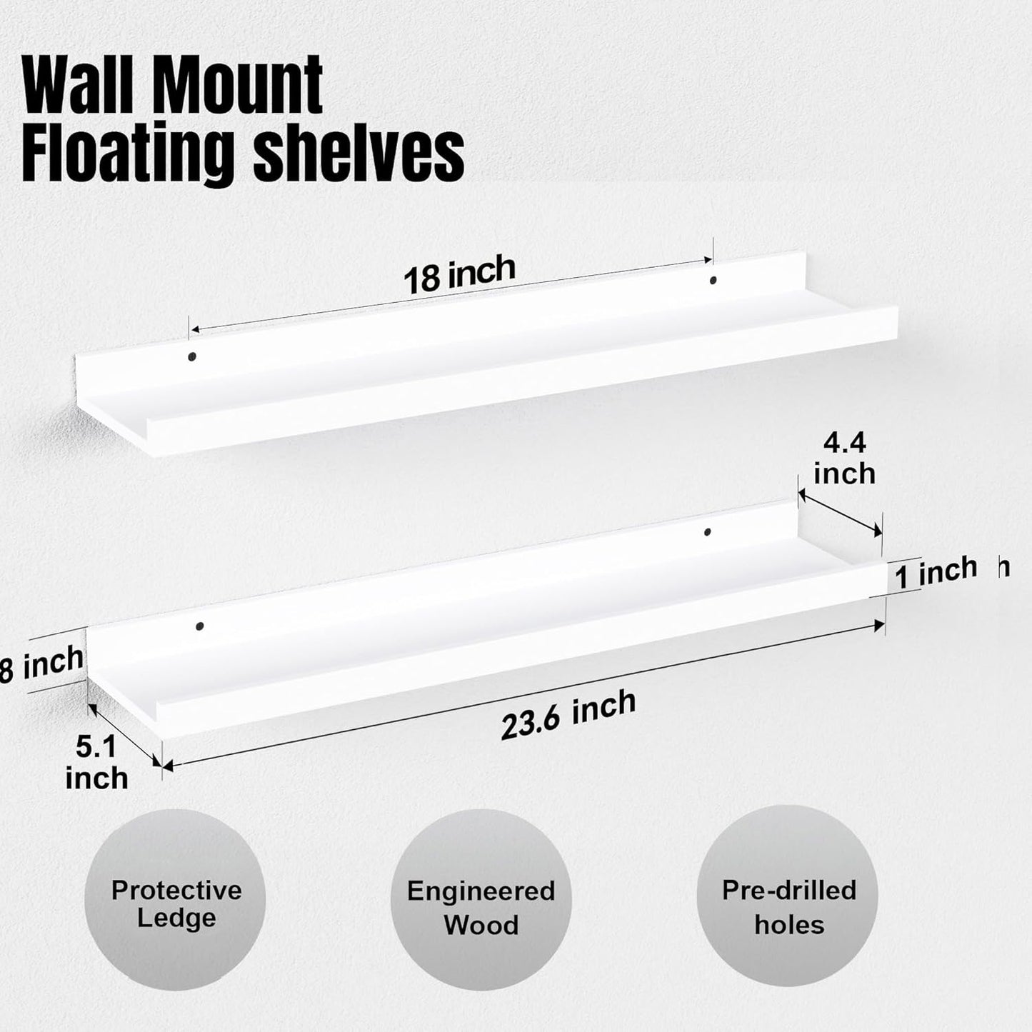 23.6 Inches Long Floating Shelves Wall Mounted, 2 Set Modern White Wall Shelf for Bedroom, Nursery Book Shelf with Lip, Picture Ledge Shelf for Wall Decor Living Room Bathroom Kitchen- White