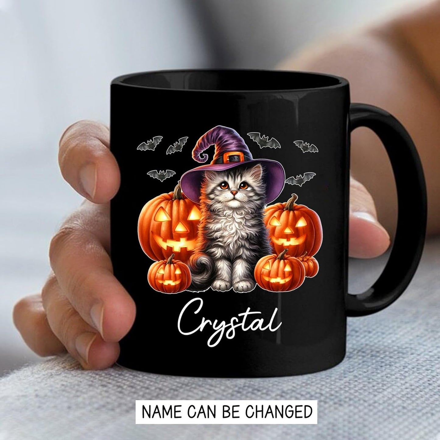 Personalized Halloween American Curl Ceramic Mug 11oz 15oz, Custom Name American Curl Wearing Witch Hat Coffee Cup, Cat with Pumpkins Halloween Black Cup, Spooky Cat Mug Gift for Pet Lover