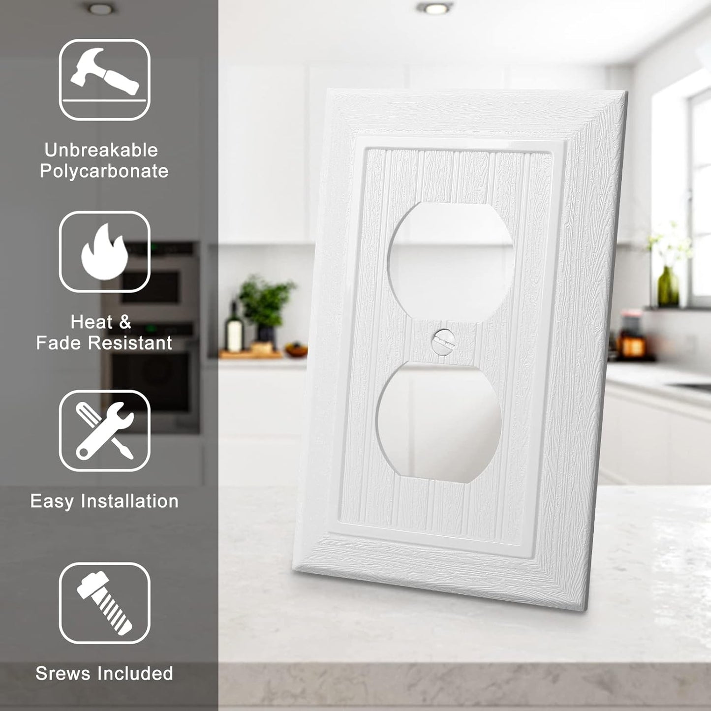 Modern Decorative Wall Plate Switch Plate Outlet Cover, Vintage Retro Wood Grain Design(Single Duplex-10 Pack, White)