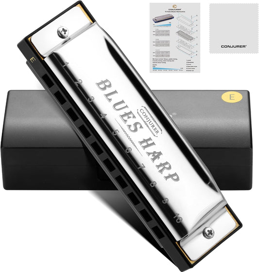 CONJURER Blues Harmonica for Beginners, 10 Hole E Key Diatonic Blues Harp with Stainless Steel Cover & Phosphor Bronze Reeds, Professional Grade for Adults, Gifts (Silver E)