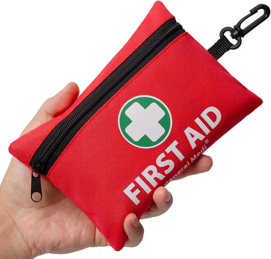 General Medi Mini First Aid Kit, 150 Piece Small First Aid Kit - Includes Emergency Foil Blanket, Scissors for Travel, Home, Office, Vehicle, Camping, Workplace & Outdoor (Red)