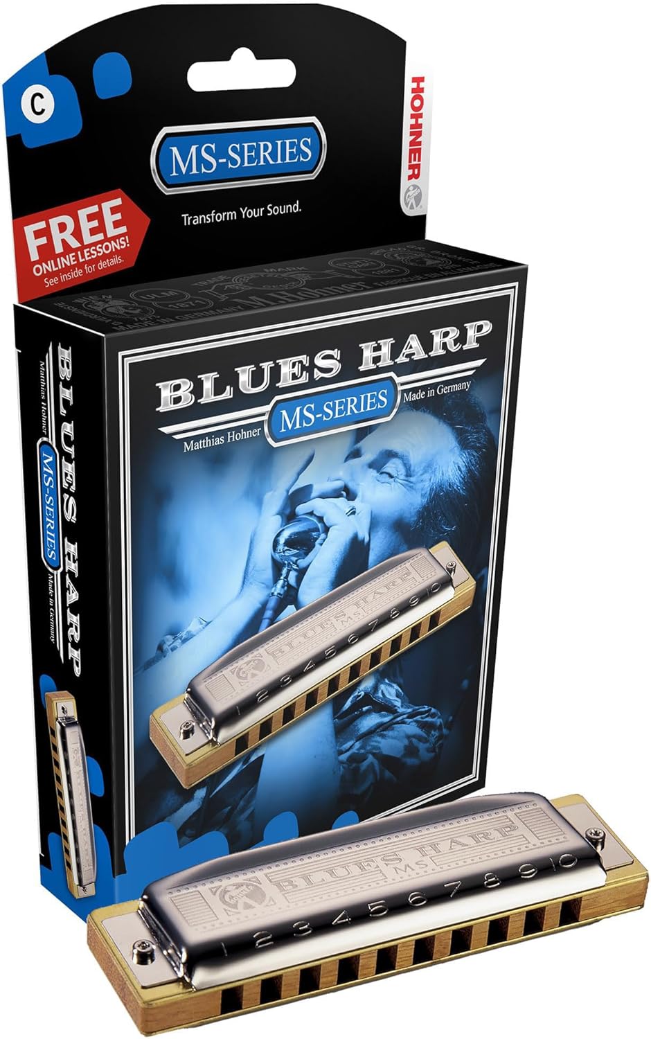 Hohner Harmonica 532 Blues Harp MS - Key of F Bundle with Key Stickers, Harmonica Beginner Manual, and Austin Bazaar Polishing Cloth - Key of F