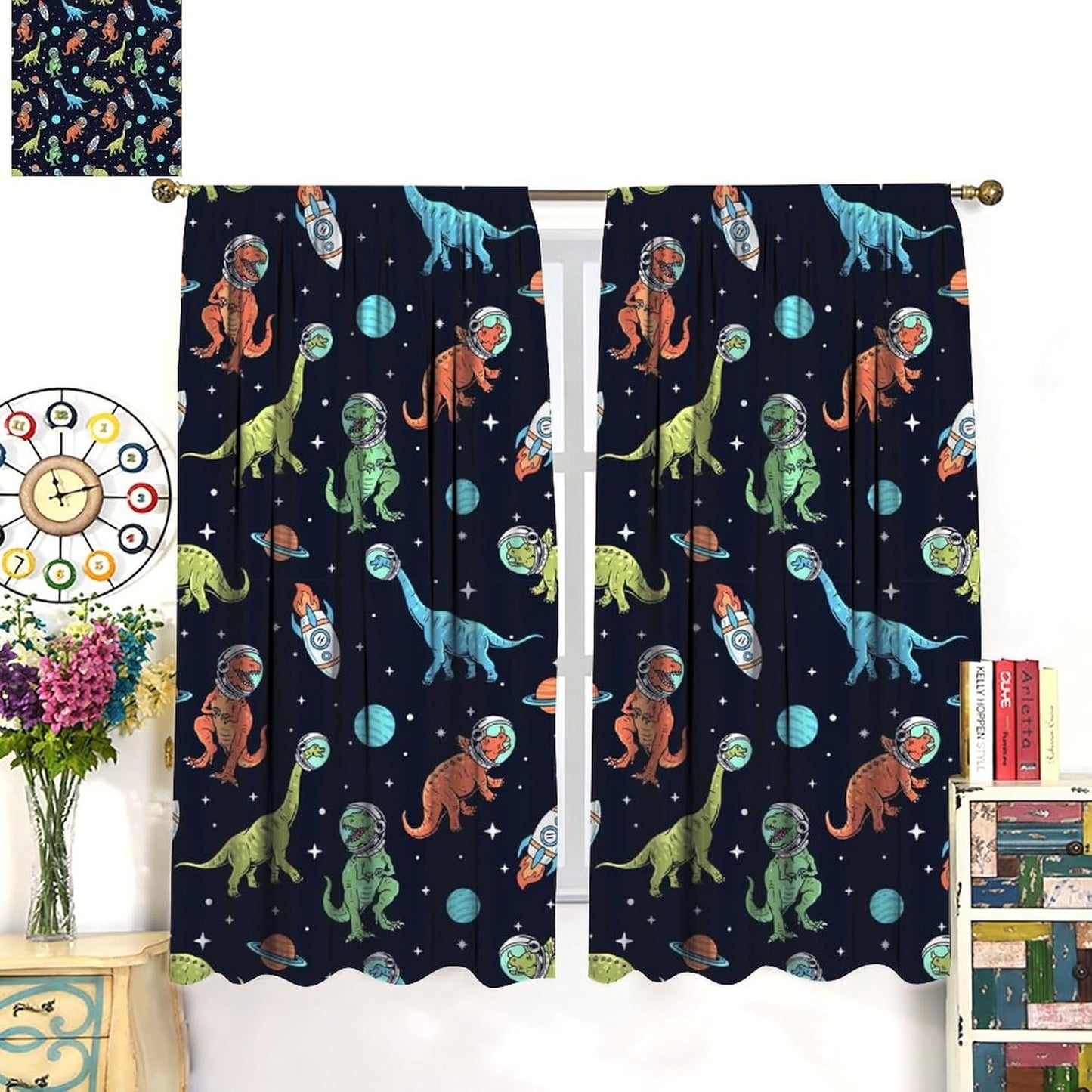 Cartoon Dinosaur Curtains for Kids Boys Girls Home Decor, Astronaut Rocket Funny Outer Space Blackout Rod Pocket Window Drapes for Bedroom Living Room W26xL84in 2 Panels