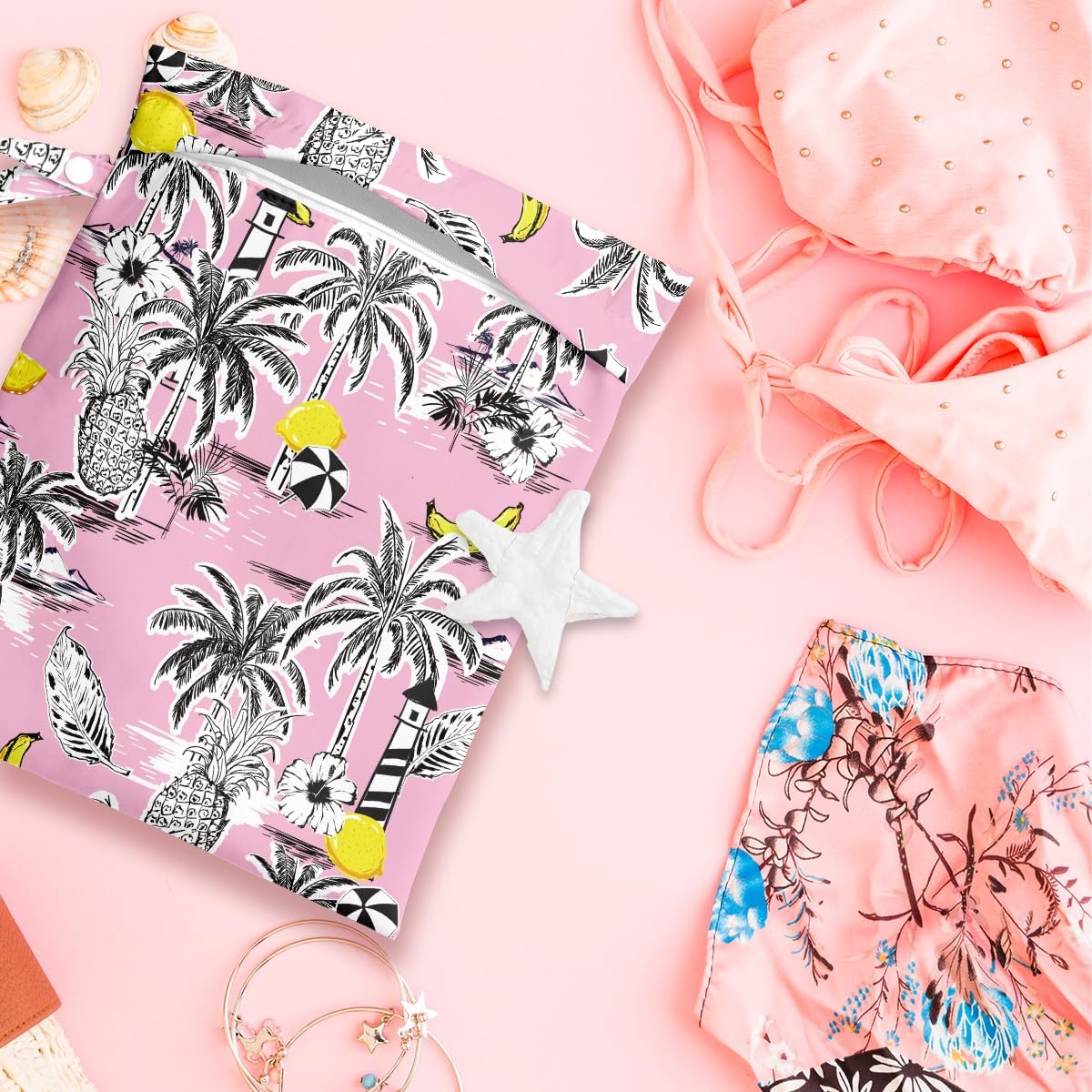 Wet Bag, Wet Dry Bag, Wet Bag for Swimsuit, Travel, Beach, Pool, Diapers, Dirty Yoga Gym Clothes, Makeup Bag, Waterproof Tropical Palm Leaves Decor Jungle Palm Leaf Favors