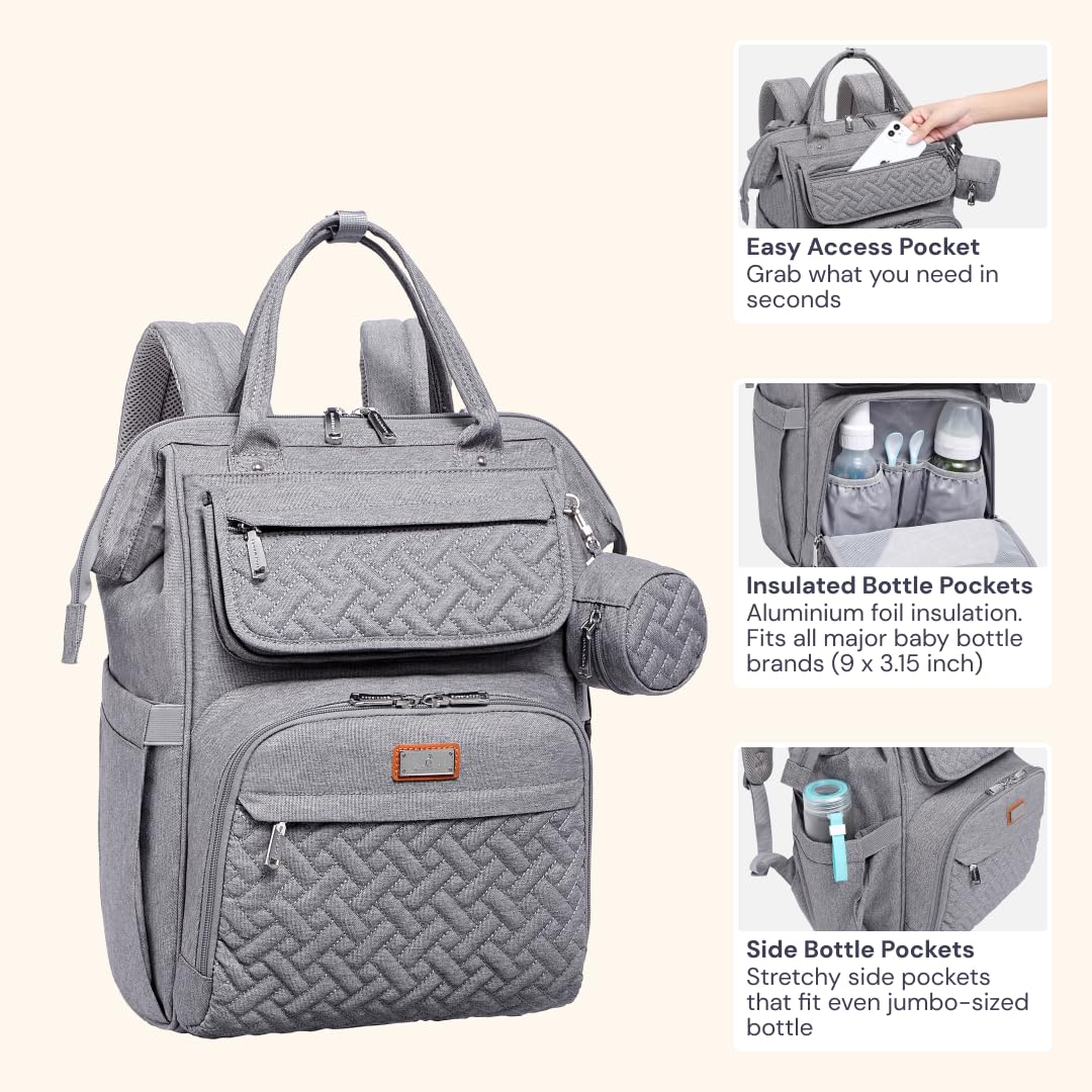 BabbleRoo Diaper Bag Backpack, Multifunction Large Bags with Changing Pad & Stroller Straps & Pacifier Case, Unisex Stylish Travel Back Pack Nappy Changing Bag for Moms Dads (gray)