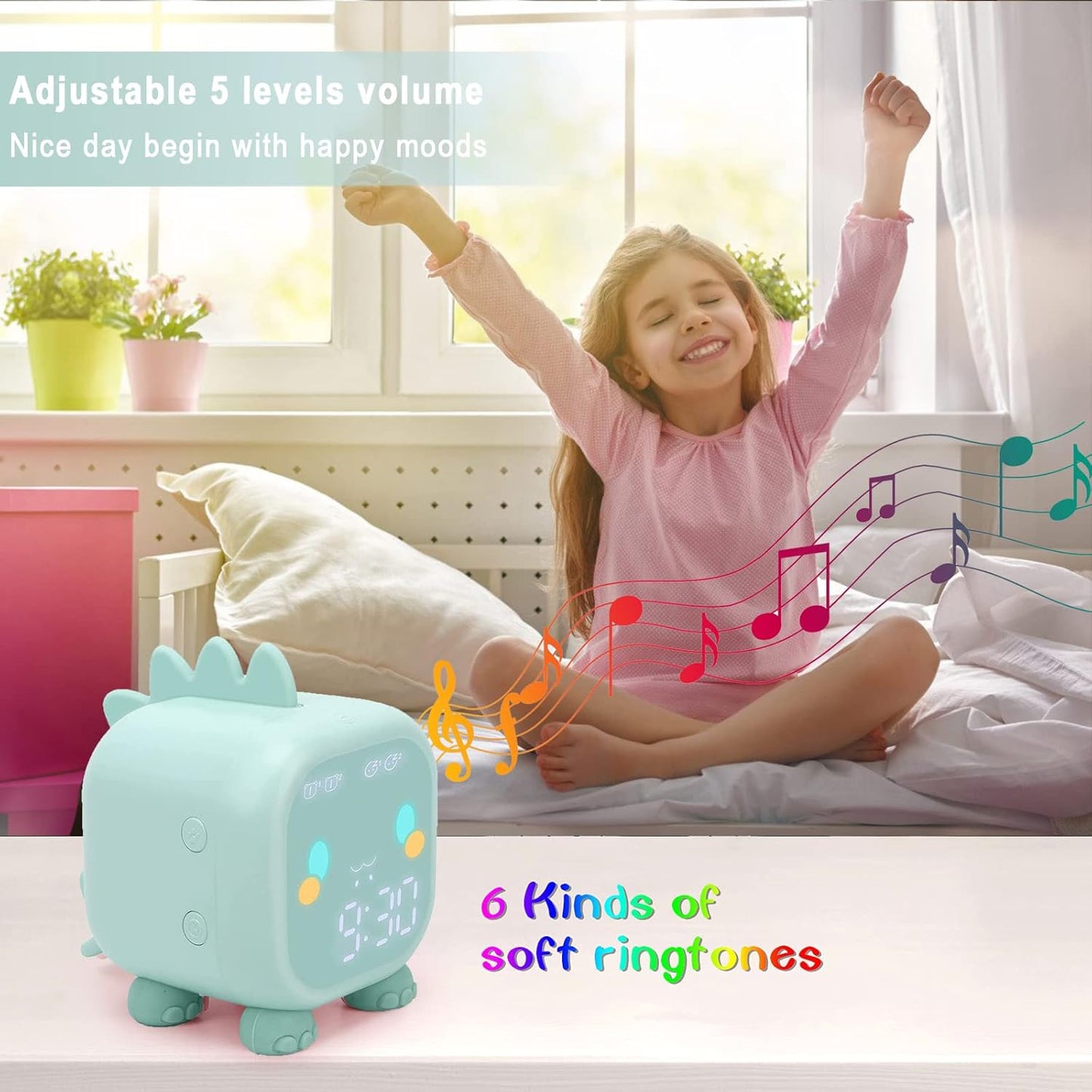 Kids Alarm Clock Girls Green Dinosaur Alarm Clocks with Night Light Bluetooth Digital Alarm Clock for Kids Girls Children