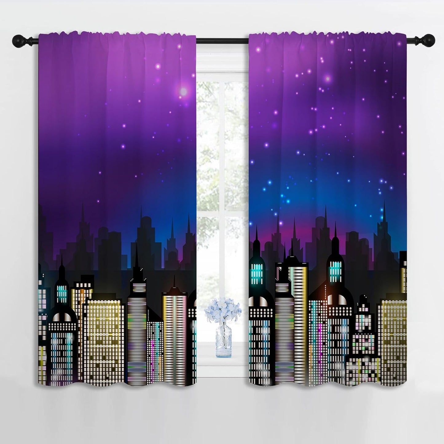 Superhero Rod Pocket Blackout Curtains for Boy Girl Bedroom, Super City Skyline Buildings Night Panorama Thermal Insulated Home Window Drapes for Living Room Darkening, 42x45 inch
