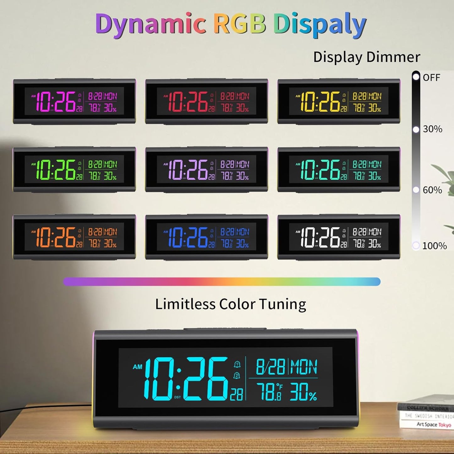 Digital Alarm Clocks for Bedrooms, LED Desk Clock with RGB Night Light, Brightness Dimmer, Date, Week, Temperature Large Display, Modern Decor for Desk, Office, Gift for Kids, Teen, Adults (Black)