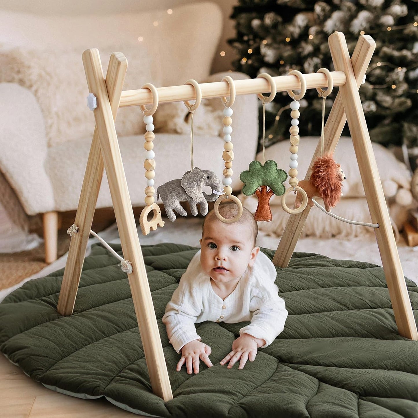 Razee Wooden Baby Play Gym Activity Mat, Leaf Shaped Play Mat Baby Gym with 6 Hanging Sensory Toys Foldable Baby Gym Newborn Infant Baby Use