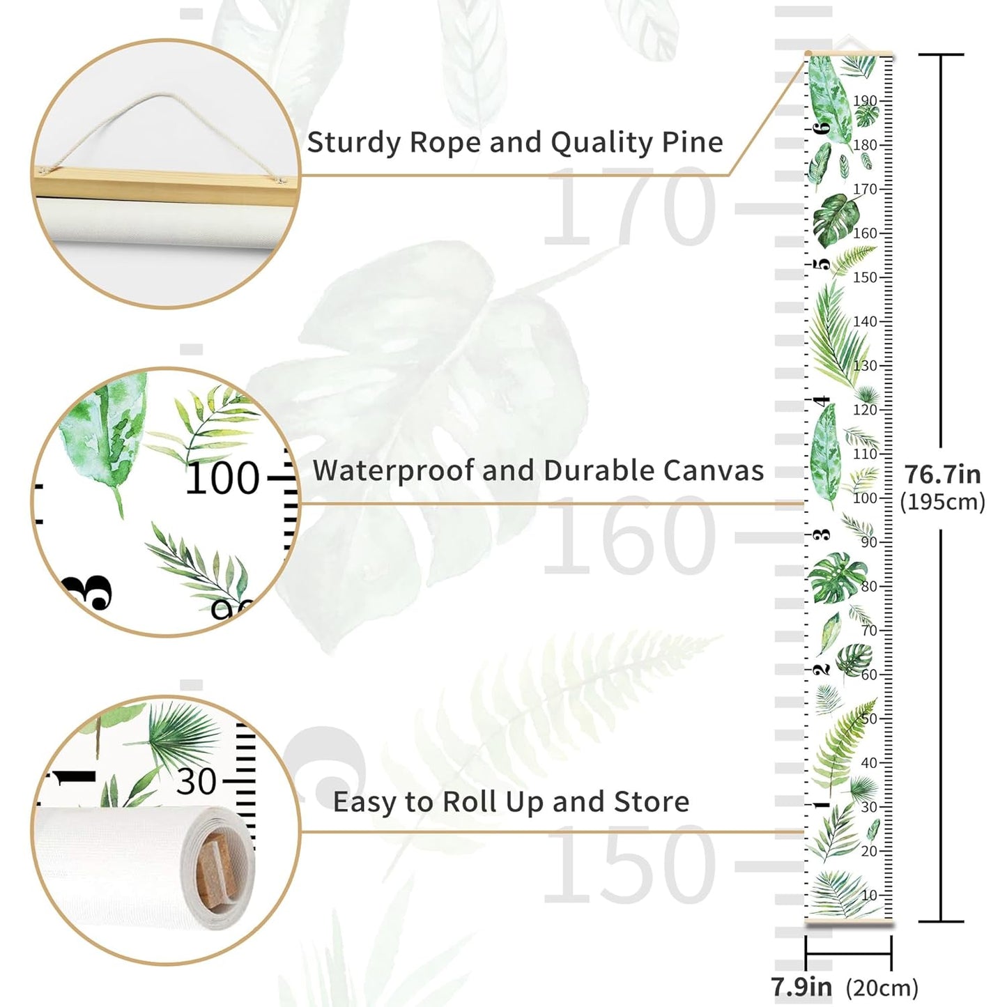 Growth Chart for Wall Height Measurement Ruler Kids Room Playroom Essentials Toddler Bedroom Nursery Home Canvas Green Plant Wall Decor 79"x7.9"