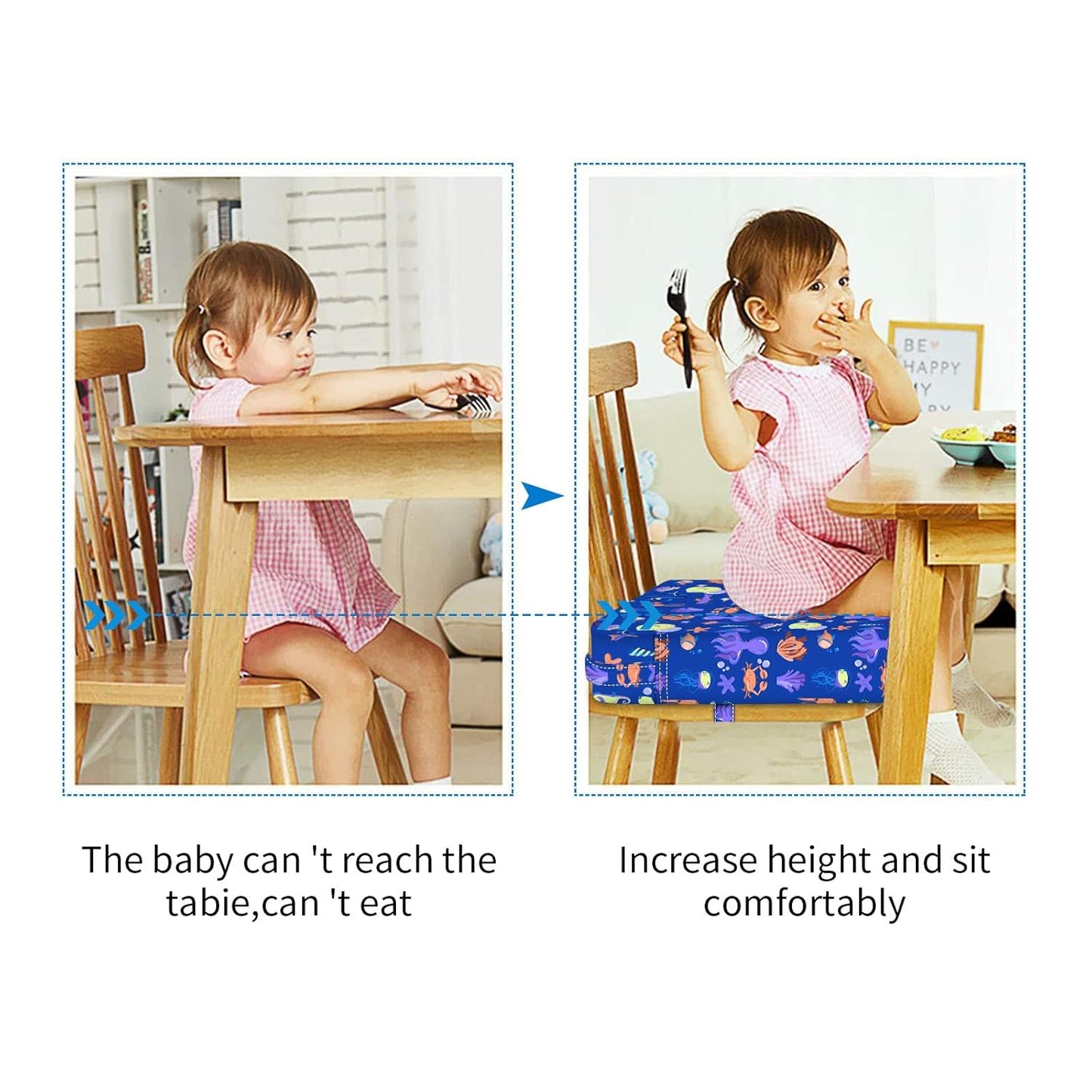 Toddler Booster Seat for Dining Table, Stronger Support Non-Slip Bottom Double Safe Straps Booster Seat Dining Toddler, Portable Travel Increasing Cushion (Blue)