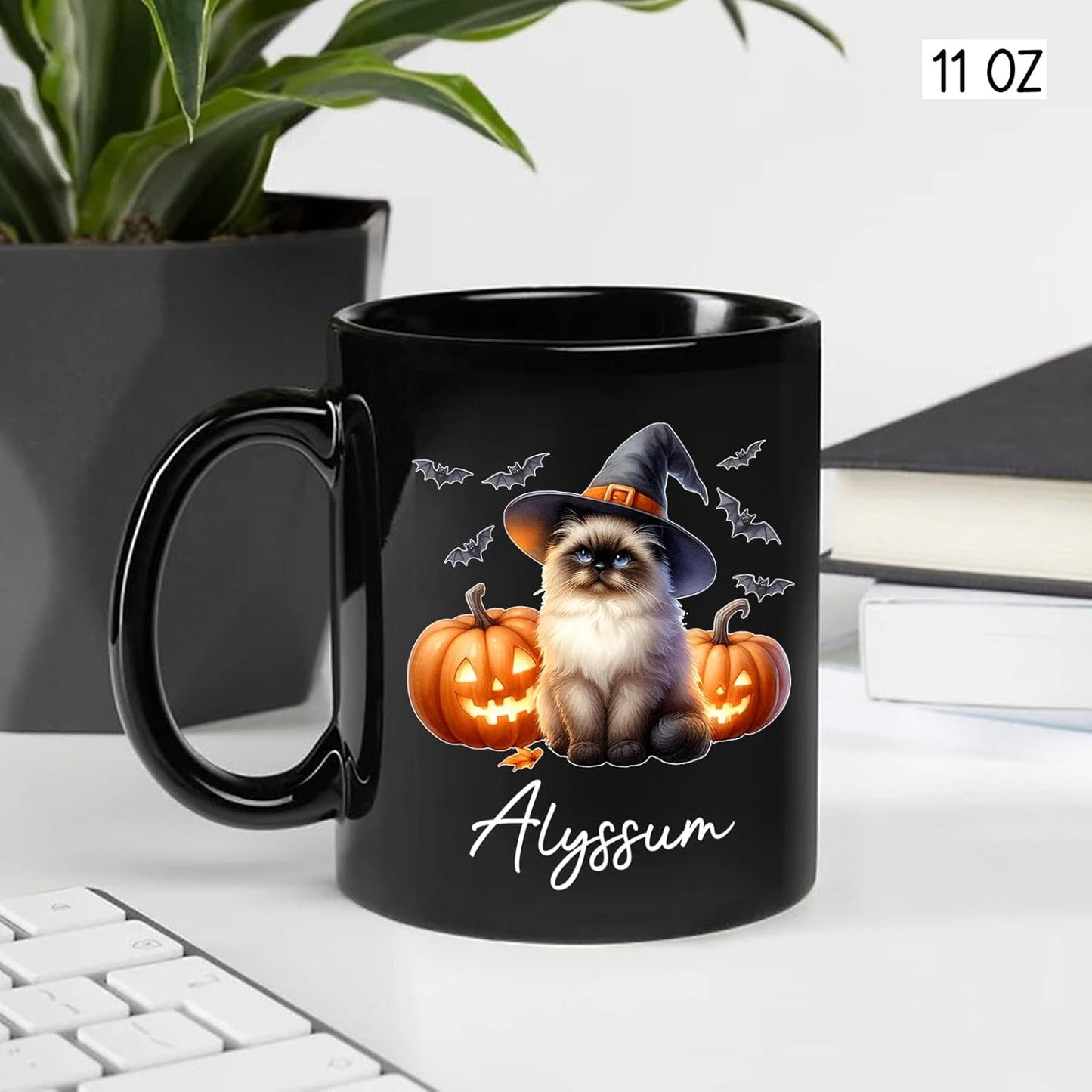 Customized Himalayan Wearing Witch Hat Mug with Name, Personalized Halloween Himalayan Ceramic Mug 11oz 15oz, Cat Pumpkins Black Coffee Cup, Halloween Cup Gift for Pet Lover Family Friend