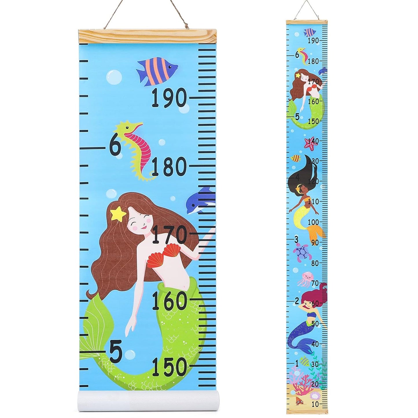 Kids Growth Chart Height Measuring Chart, Mermaid Canvas Wall Hanging Rulers for Baby Children Girls Bedroom Decor 74.8''* 7.87''