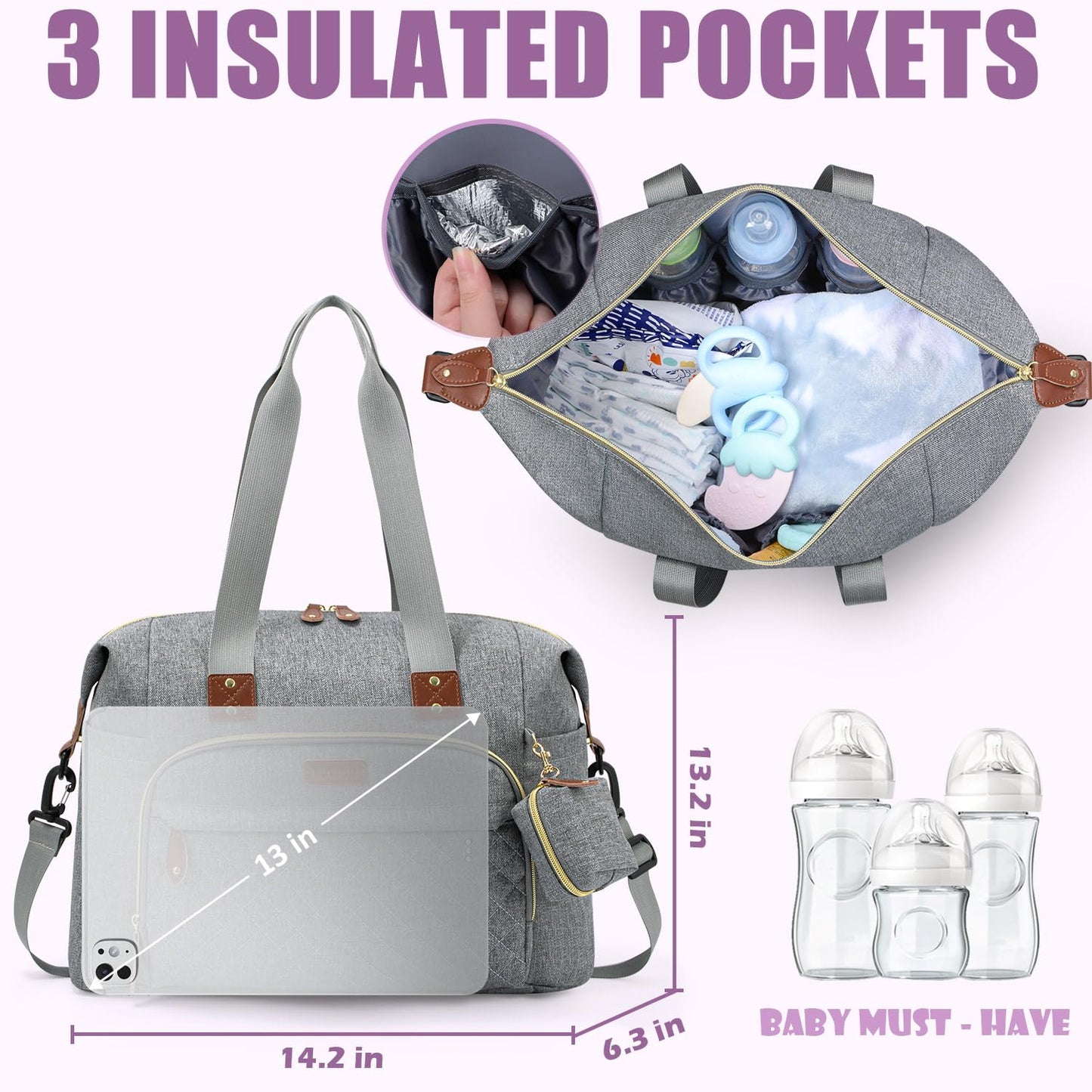 Tuwubi Diaper Bag Tote,Baby Diaper Bag with Pacifier Case Large Travel Diaper Tote Caddy for Mom and Dad Multifunction Large Baby Bag - M-Light Grey