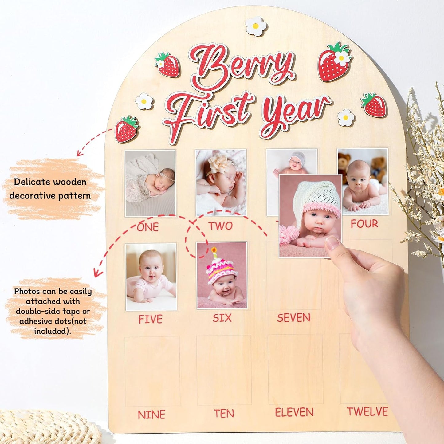 Berry First Year Photo Board Strawberry Birthday Party Wooden Board Decorations 12 Monthly Milestone Picture Frame One Year Old Wood Sign 1st Birthday Photo Banner for Baby Girls Keepsake Gift Supply
