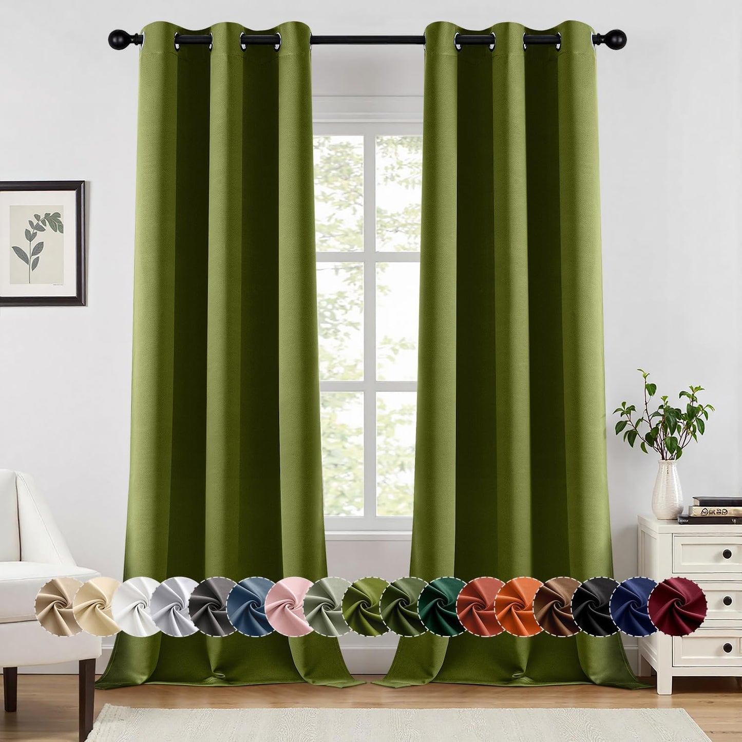 MIULEE Light Olive Green Blackout Curtains for Bedroom Living Room 96 Inches Long 2 panels, Thermal Insulated Room Darkening Drapes Grommet Top Noise Reducing Light Blocking Window Curtains 40x96 Inch