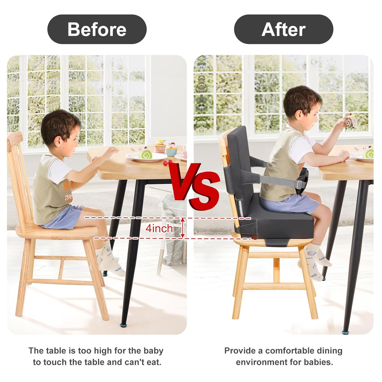 Toddler Booster Seat for Dining Table Kitchen Chair, Waterproof Non-Slip with Backrest & Adjustable Straps, Portable PU Travel Baby Kids Booster Seat Cushion