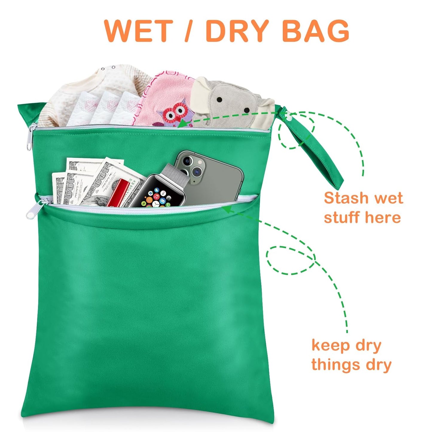 Angel Love 2 Pack Baby Cloth Diaper Wet/Dry Bags with Two Zippered Pockets, Travel, Beach, Pool, Gym Bag for Swimsuits or Wet Clothes, Waterproof Washable Reusable, P0204