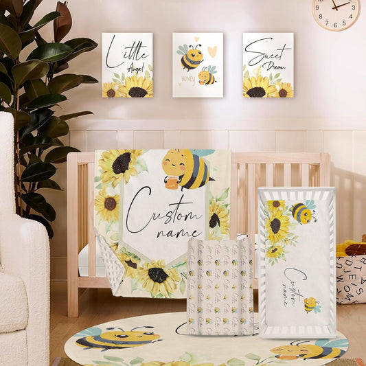 Personalized Baby Crib Bedding Set for Baby Girls, Yellow Bee Pattern Custom Name Baby Crib Sets 5-Pcs, Toddler Double Layer Blanket Fitted Sheets Changing Pad Cover Rug Wall Art Set
