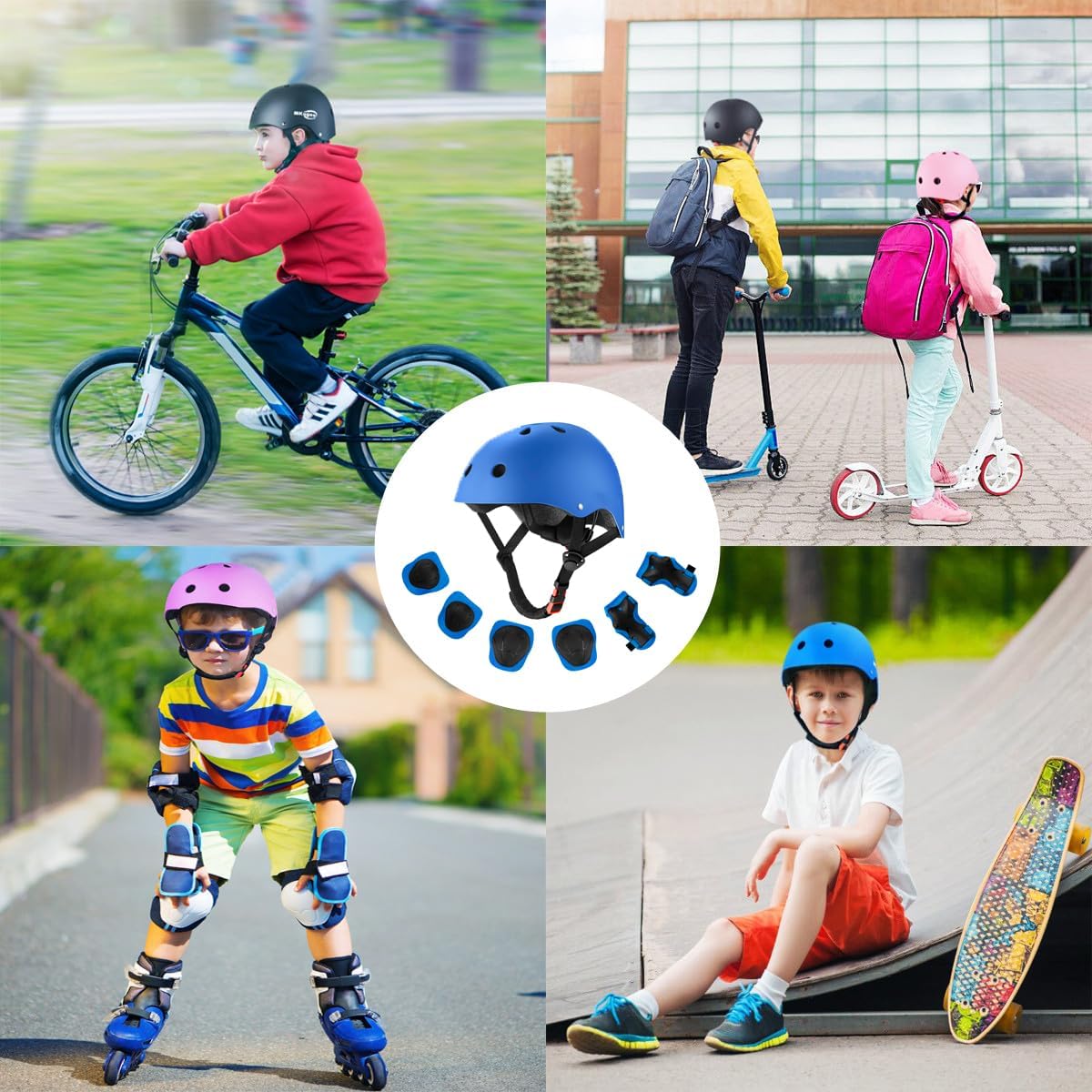 Kids Bike Helmet for Ages 2-14, Adjustable Safety Toddler Helmet with Protective Gear Set, Skateboard Scooter Helmets with Knee Elbow Pads Wrist Guards