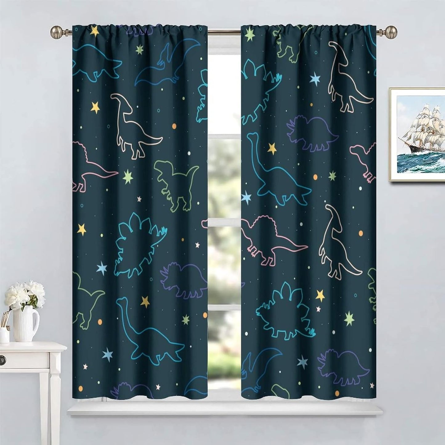 Cartoon Colorful Dinosaur Curtains for Kids Boys Girls Home Decor, Astronaut Funny Outer Space Star Blackout Rod Pocket Window Drapes for Bedroom Living Room W21xL54in 2 Panels