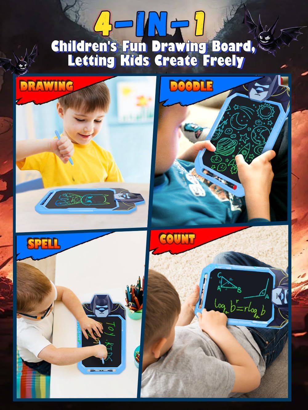 LCD Writing Tablet for Kids 10 Inch Bat Hero for Toddler 2 3 4 5 6 - Paint, Doodle Board, Drawing Pad - Travel Toys, Road Trip Car Activities, Birthday Christmas Gift Boys & Man