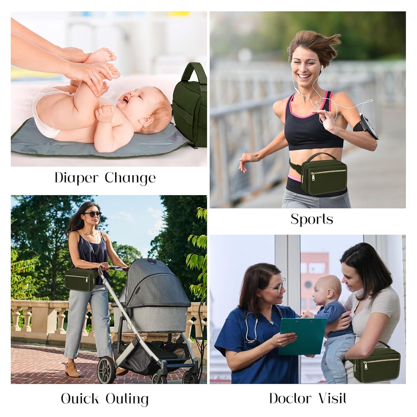 printe Small Diaper Bag with Portable Changing Pad, Crossbody Diaper Pack with Wipes Pocket, Women Waist Bag for Travel Stroller, Olive Green