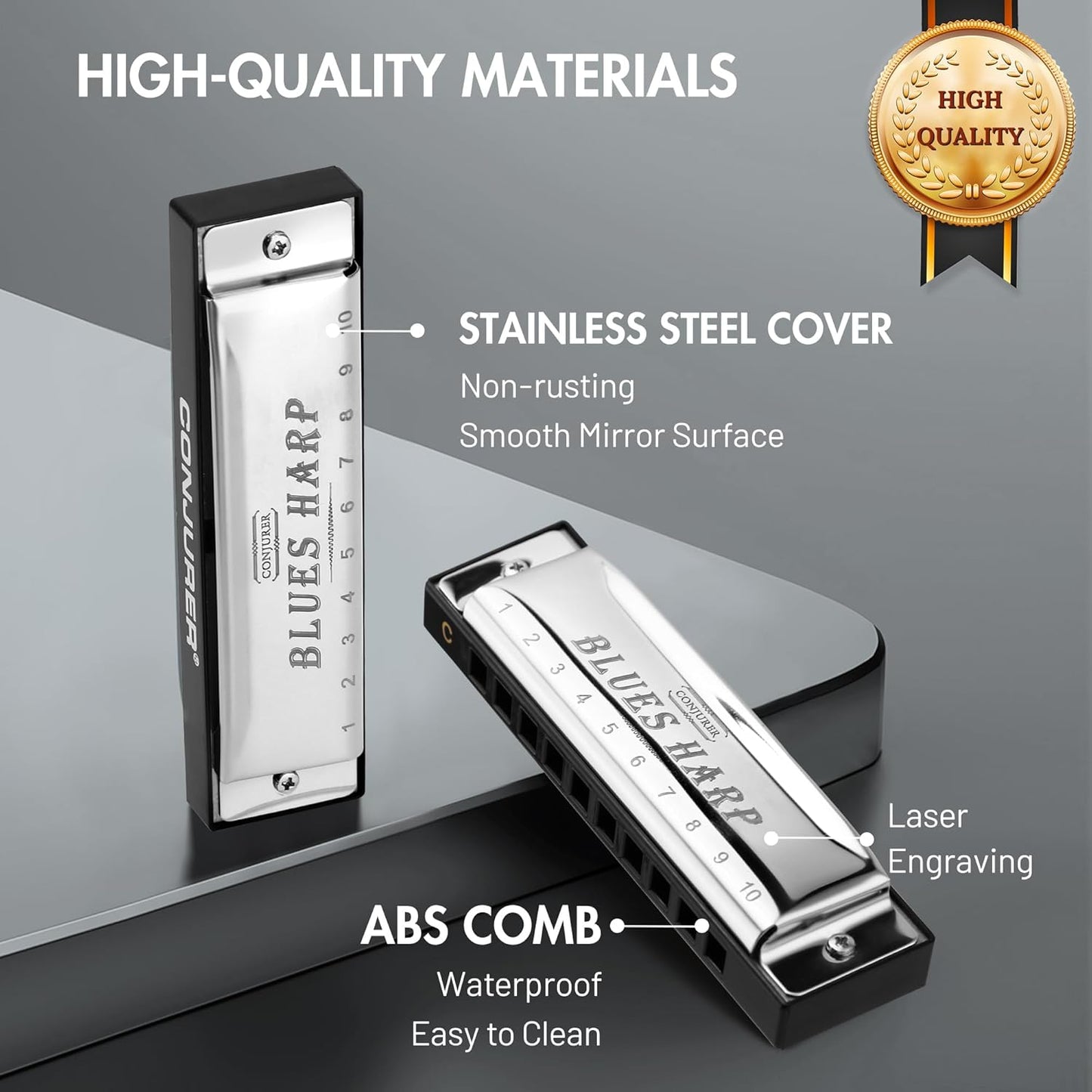 CONJURER Blues Harmonica for Beginners, 10 Hole F Key Diatonic Blues Harp with Stainless Steel Cover & Phosphor Bronze Reeds, Professional Grade for Adults, Gifts (Silver F)